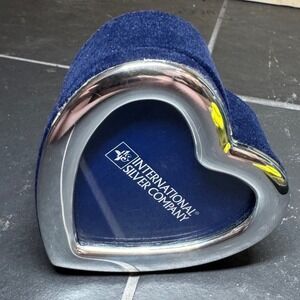 International Silver Company Heart Shaped Picture Frame Silver Tone Navy Velvet